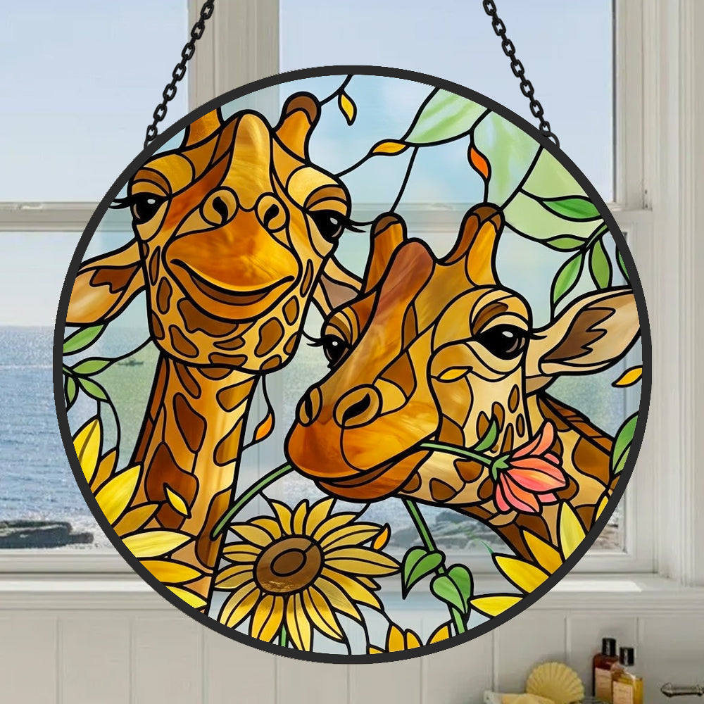 Cute giraffe couple with sunflowers stained glass suncatcher window hanging, suitable for home and garden decoration