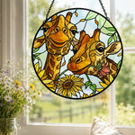 Cute giraffe couple with sunflowers stained glass suncatcher window hanging, suitable for home and garden decoration