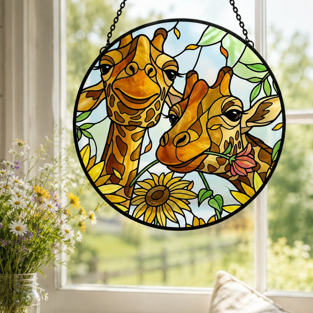 Cute giraffe couple with sunflowers stained glass suncatcher window hanging, suitable for home and garden decoration