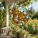 Cute giraffe couple with sunflowers stained glass suncatcher window hanging, suitable for home and garden decoration