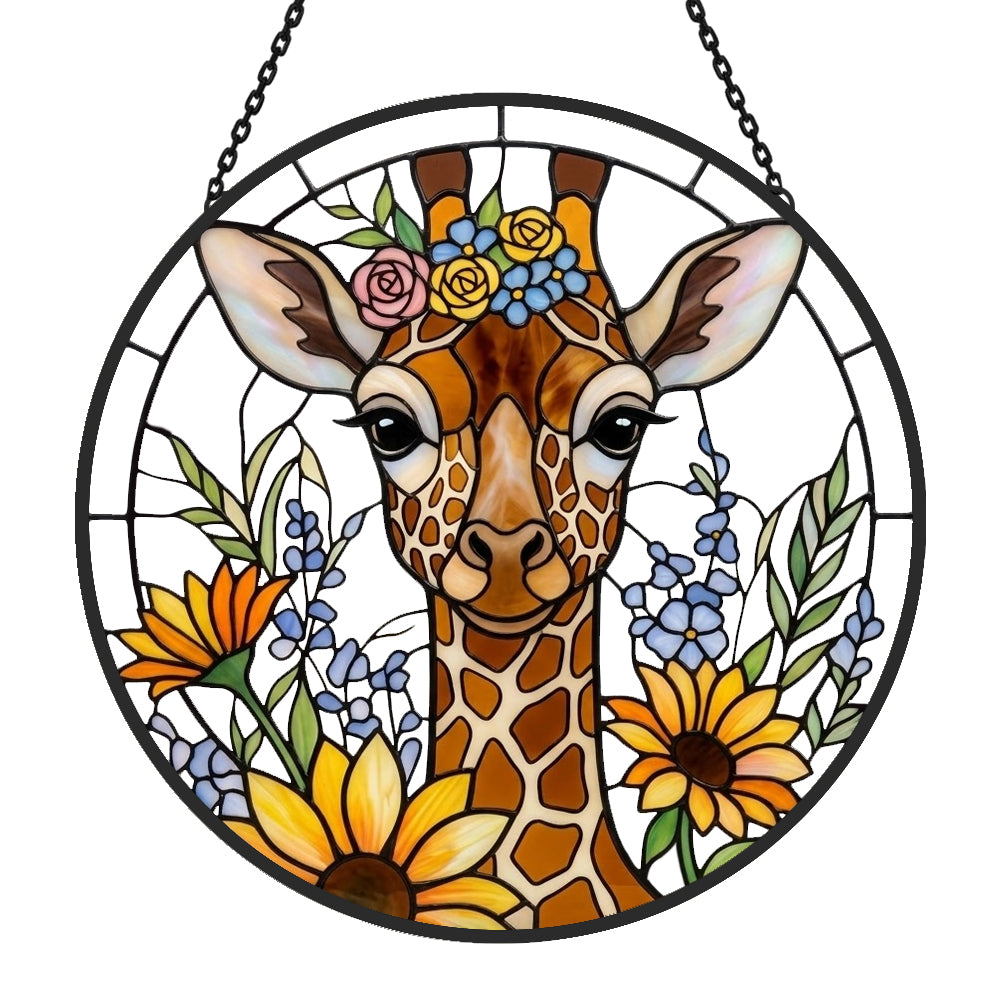 Cute giraffe with flower crown stained glass suncatcher window hanging, suitable for home and garden decoration