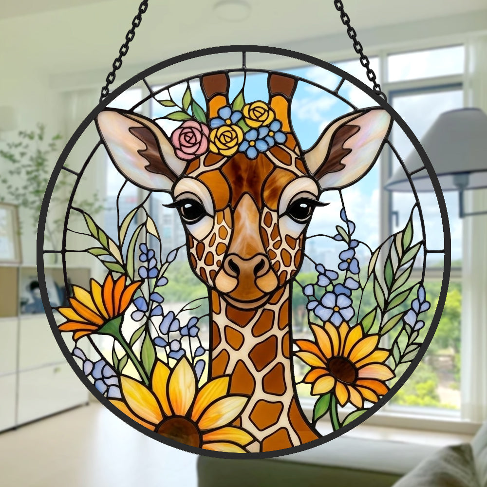 Cute giraffe with flower crown stained glass suncatcher window hanging, suitable for home and garden decoration