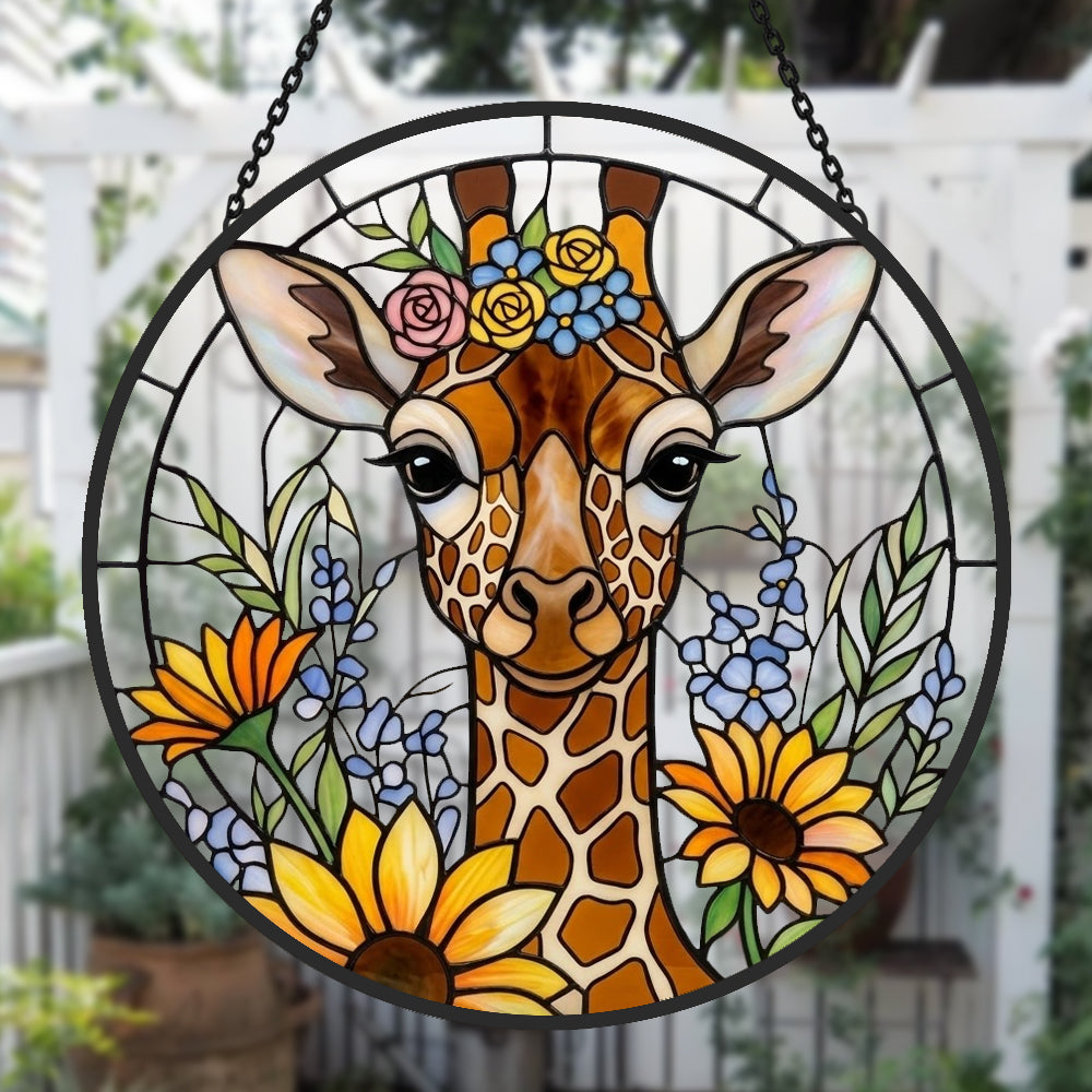Cute giraffe with flower crown stained glass suncatcher window hanging, suitable for home and garden decoration