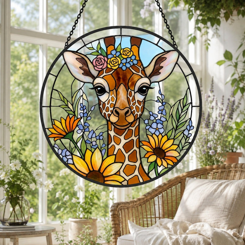 Cute giraffe with flower crown stained glass suncatcher window hanging, suitable for home and garden decoration