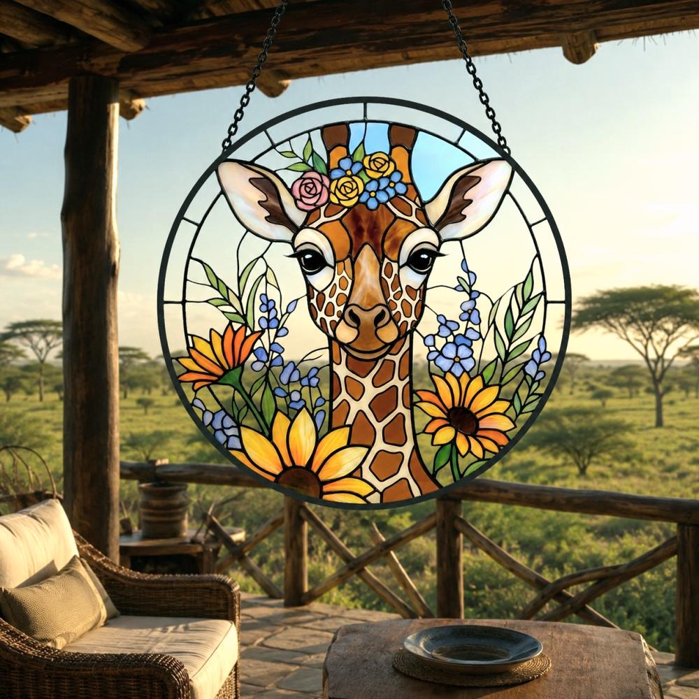 Cute giraffe with flower crown stained glass suncatcher window hanging, suitable for home and garden decoration