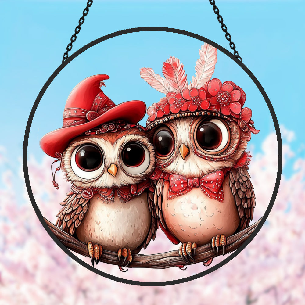 Cute owl couple stained glass suncatcher window hanging, suitable for home and garden decoration