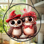 Cute owl couple stained glass suncatcher window hanging, suitable for home and garden decoration