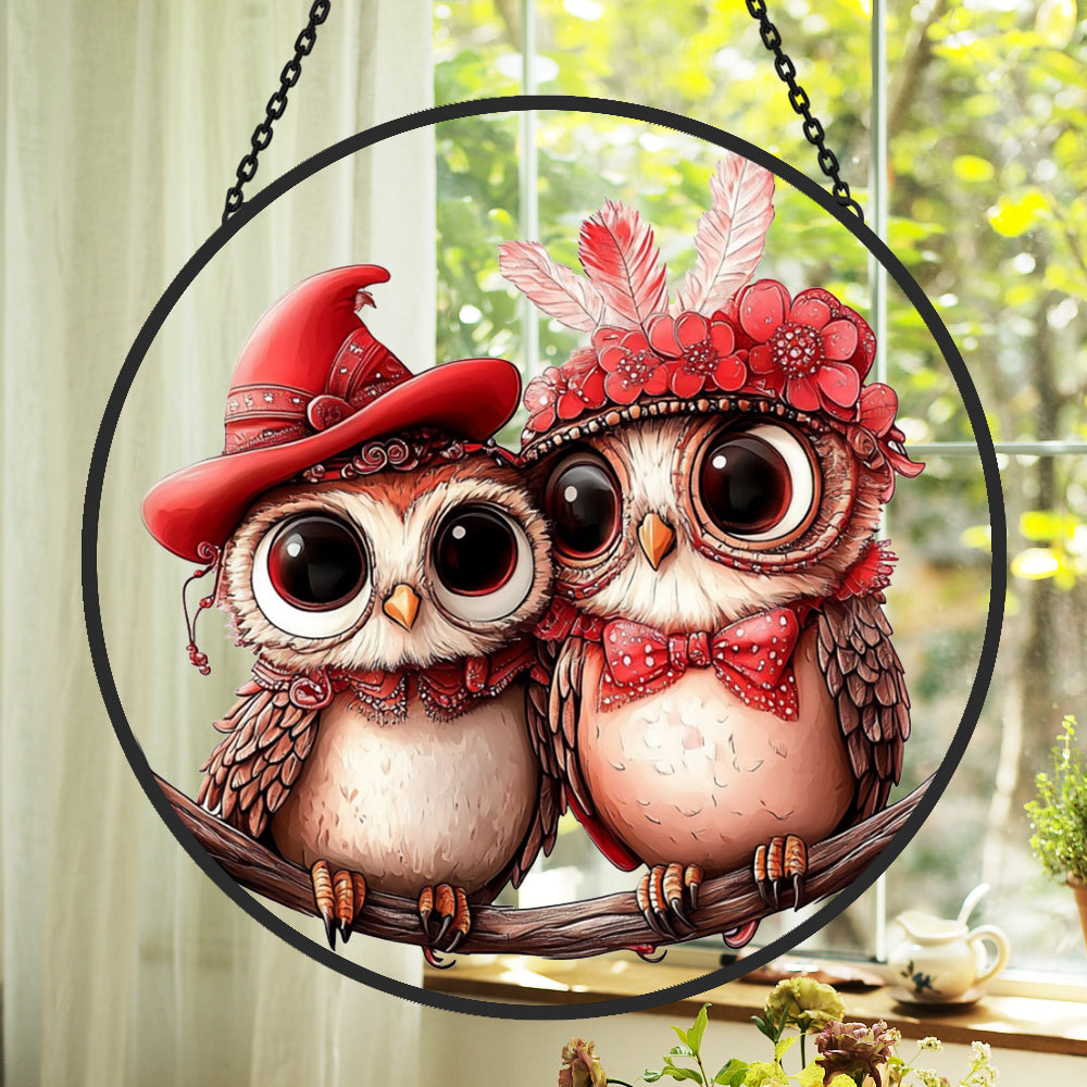 Cute owl couple stained glass suncatcher window hanging, suitable for home and garden decoration