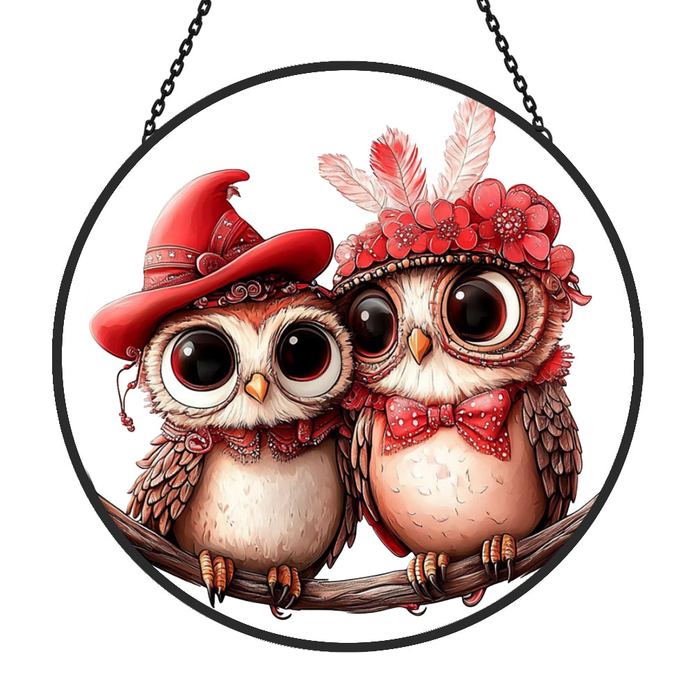 Cute owl couple stained glass suncatcher window hanging, suitable for home and garden decoration