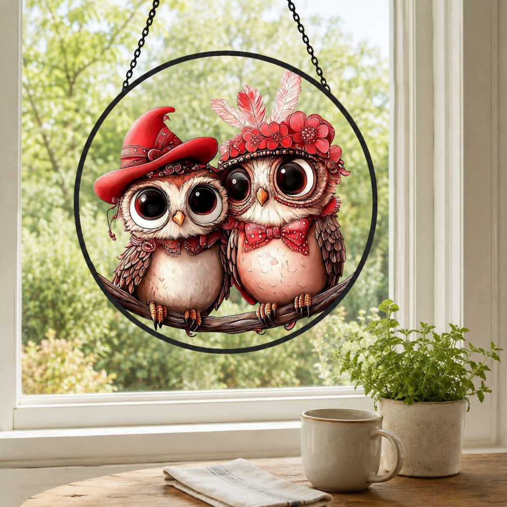 Cute owl couple stained glass suncatcher window hanging, suitable for home and garden decoration