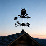 Cute owl on branch metal weather vane with directional arrows and mounting rod, outdoor roof and garden decoration