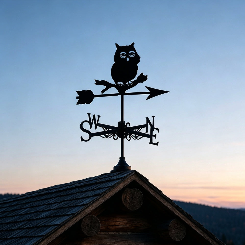 Cute owl on branch metal weather vane with directional arrows and mounting rod, outdoor roof and garden decoration