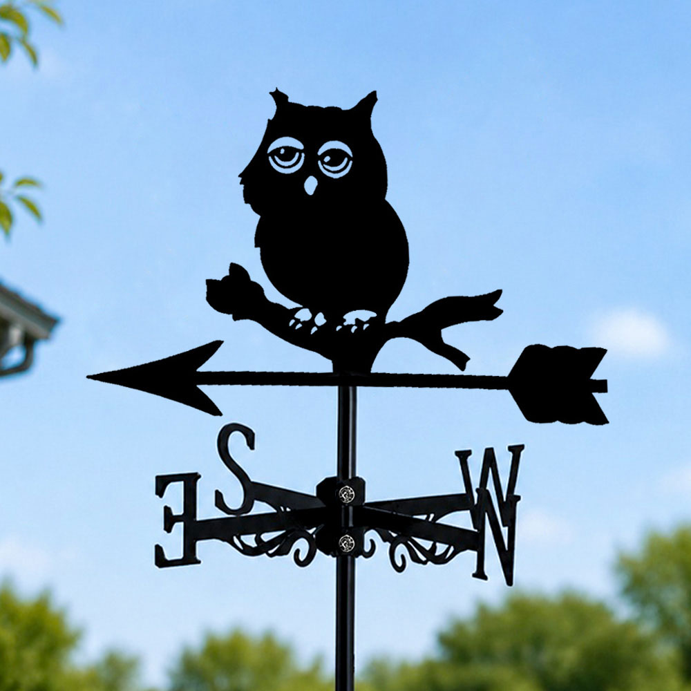 Cute owl on branch metal weather vane with directional arrows and mounting rod, outdoor roof and garden decoration