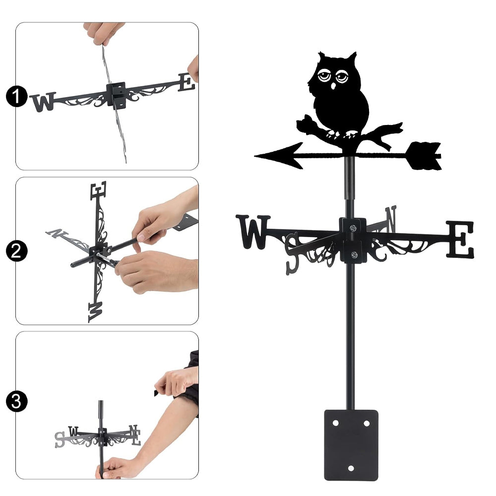 Cute owl on branch metal weather vane with directional arrows and mounting rod, outdoor roof and garden decoration