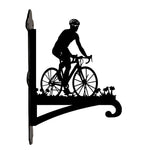 Cyclist riding road bike metal hanging basket bracket mounted on outdoor wall for plant decoration