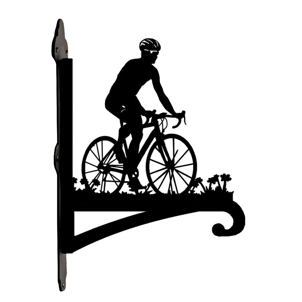 Cyclist riding road bike metal hanging basket bracket mounted on outdoor wall for plant decoration