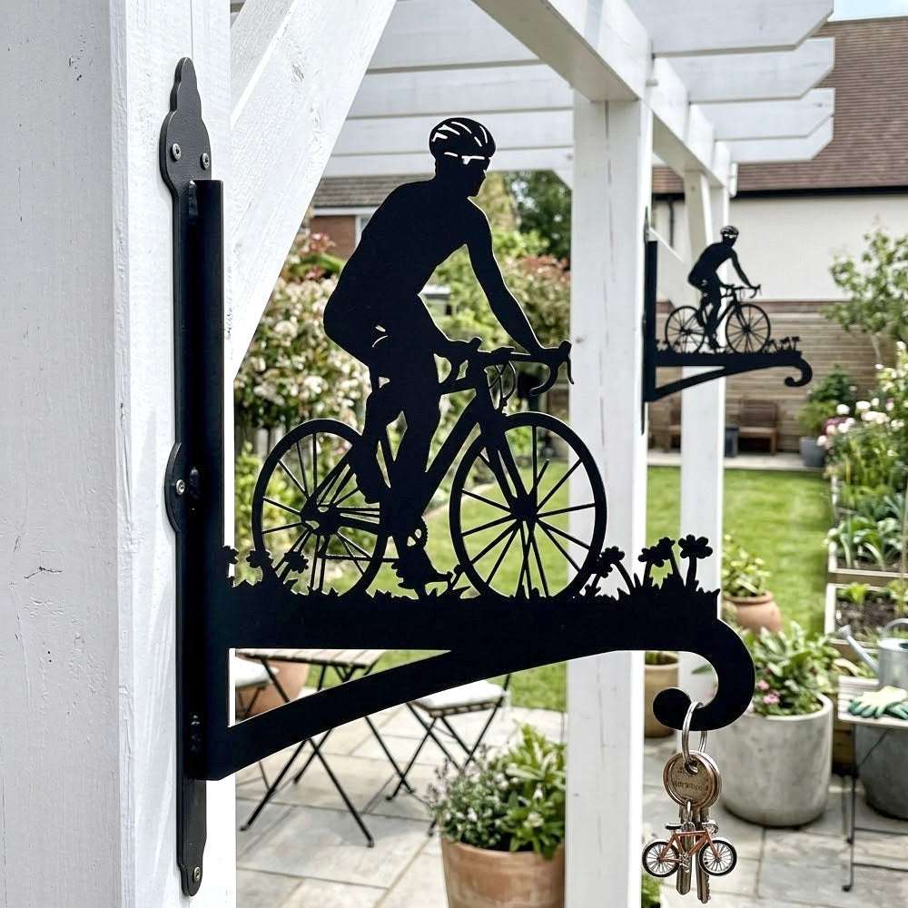 Cyclist riding road bike metal hanging basket bracket mounted on outdoor wall for plant decoration