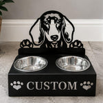 Personalized dachshund dog metal dog bowl stand with custom name cutout and two removable feeding bowls