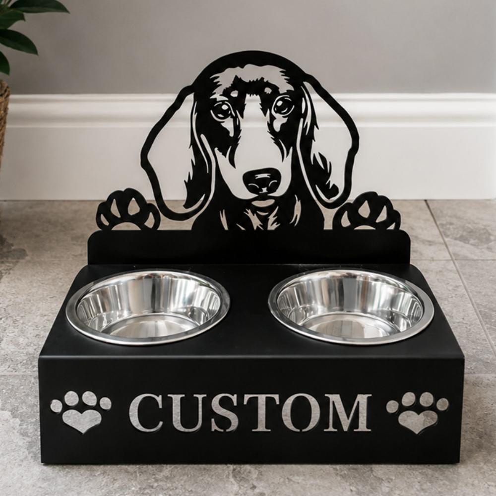 Personalized dachshund dog metal dog bowl stand with custom name cutout and two removable feeding bowls