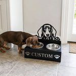 Personalized dachshund dog metal dog bowl stand with custom name cutout and two removable feeding bowls