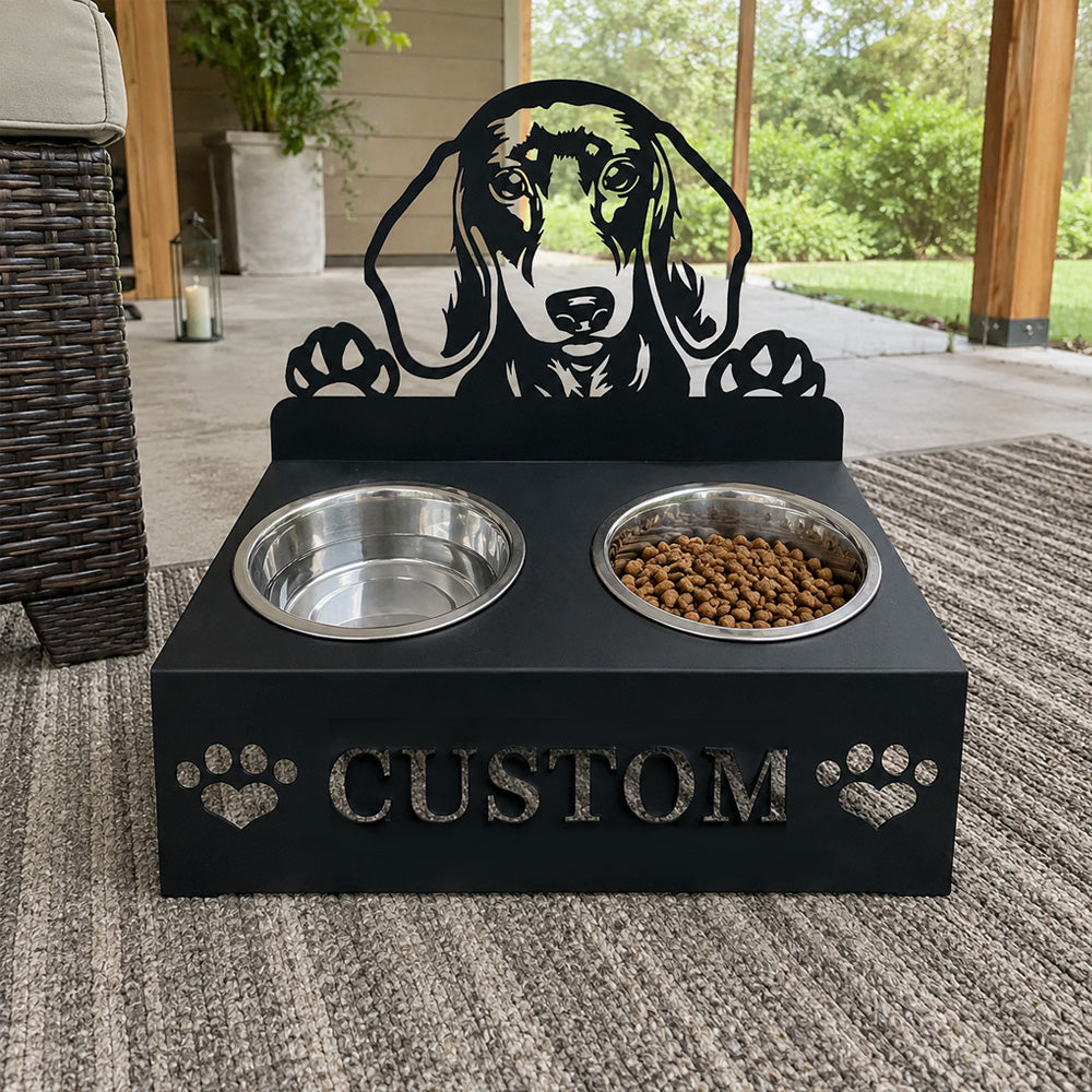 Personalized dachshund dog metal dog bowl stand with custom name cutout and two removable feeding bowls