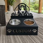 Personalized dachshund dog metal dog bowl stand with custom name cutout and two removable feeding bowls