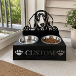 Personalized dachshund dog metal dog bowl stand with custom name cutout and two removable feeding bowls