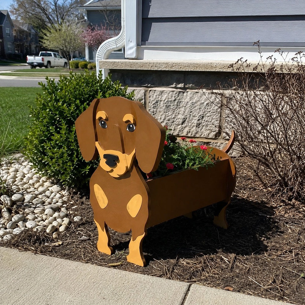 Dachshund dog planter filled with fresh flowers is placed in the garden
