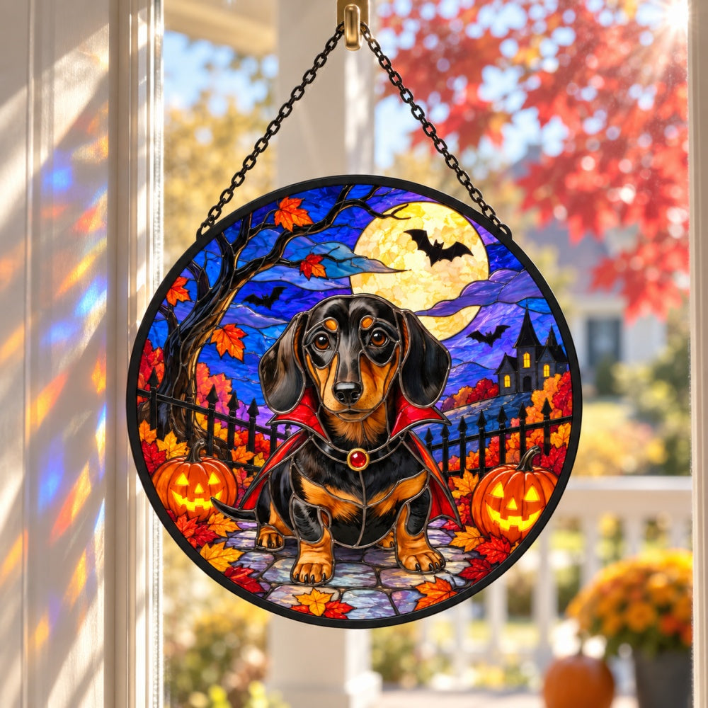 Dachshund Halloween stained glass suncatcher window hanging, suitable for home and garden decoration