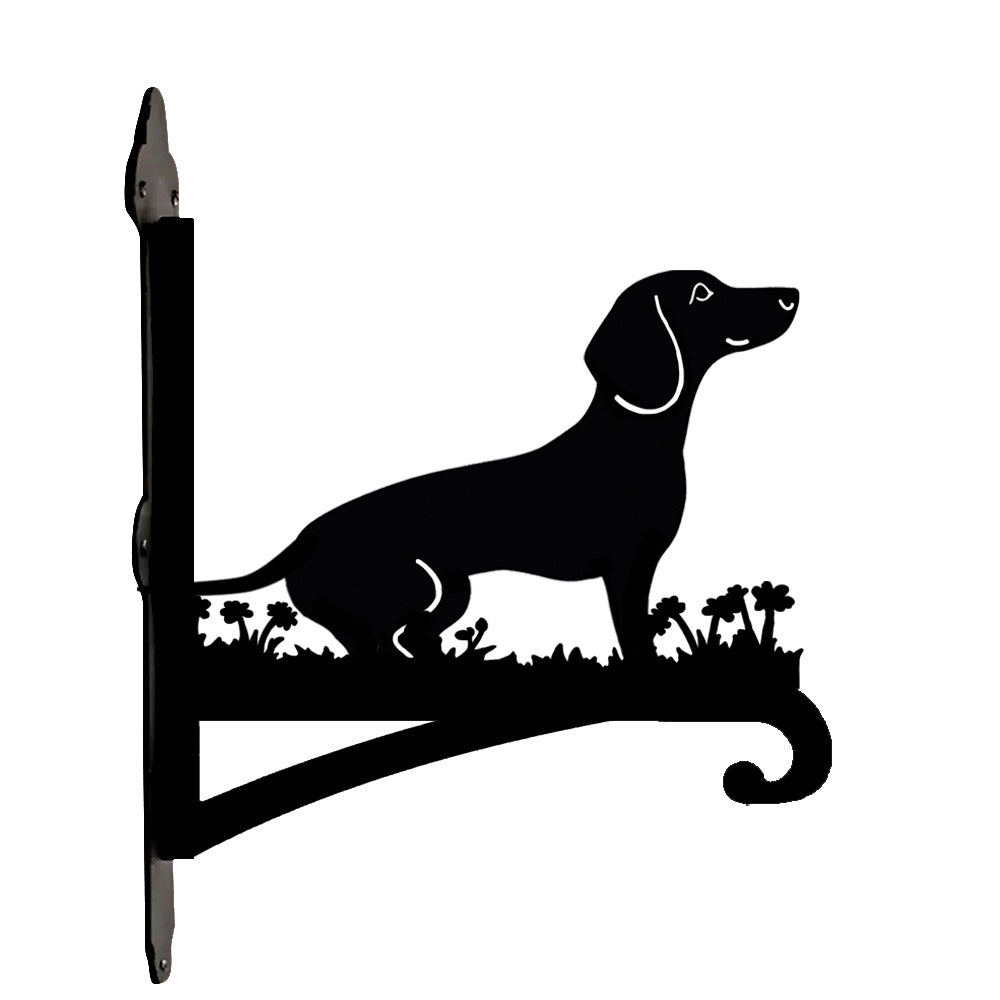 Dachshund metal hanging basket bracket mounted on outdoor wall for plant decoration