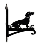 Dachshund metal hanging basket bracket mounted on outdoor wall for plant decoration