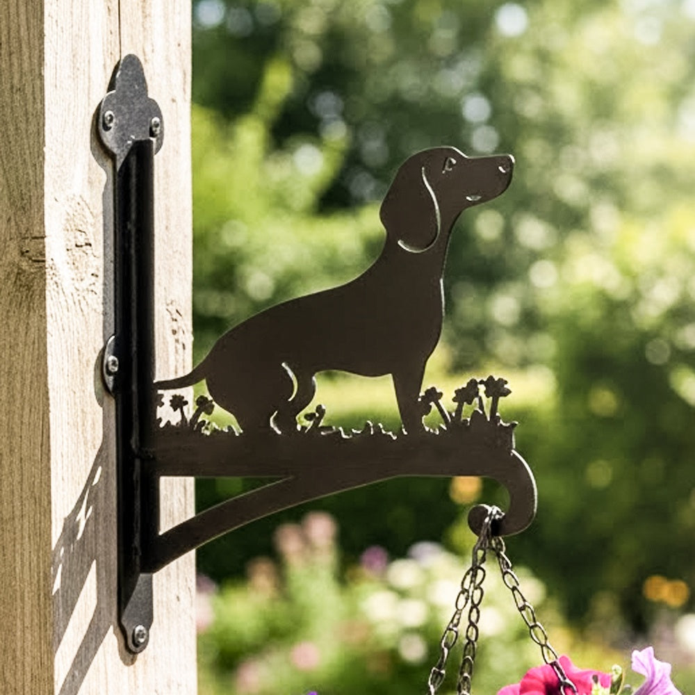 Dachshund metal hanging basket bracket mounted on outdoor wall for plant decoration