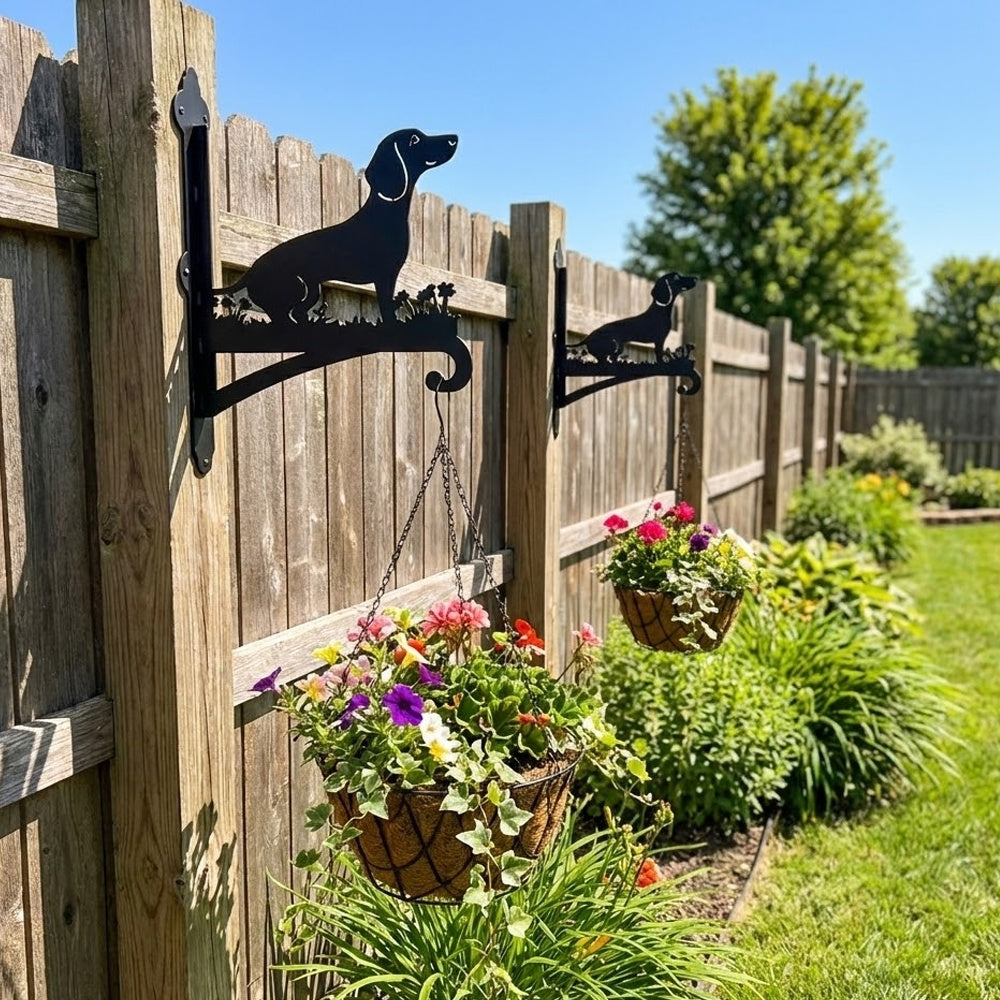 Dachshund metal hanging basket bracket mounted on outdoor wall for plant decoration