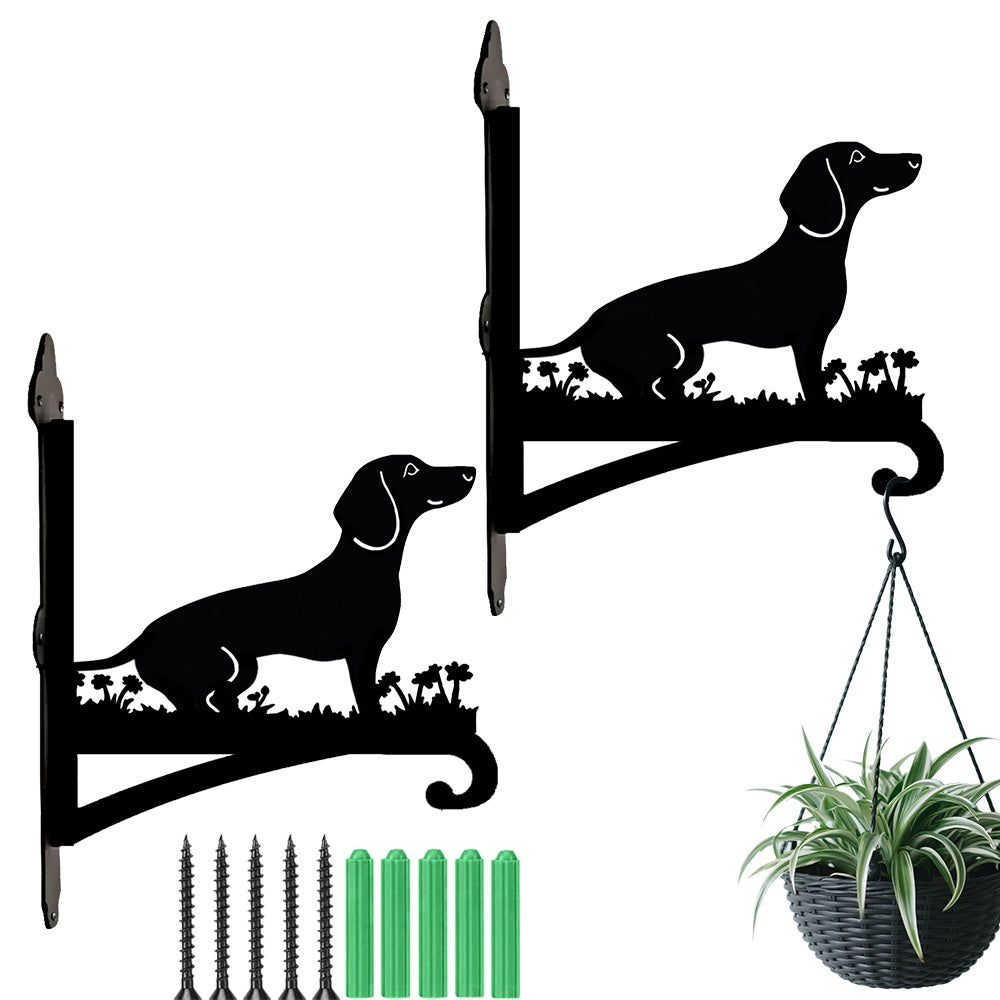 Dachshund metal hanging basket bracket mounted on outdoor wall for plant decoration