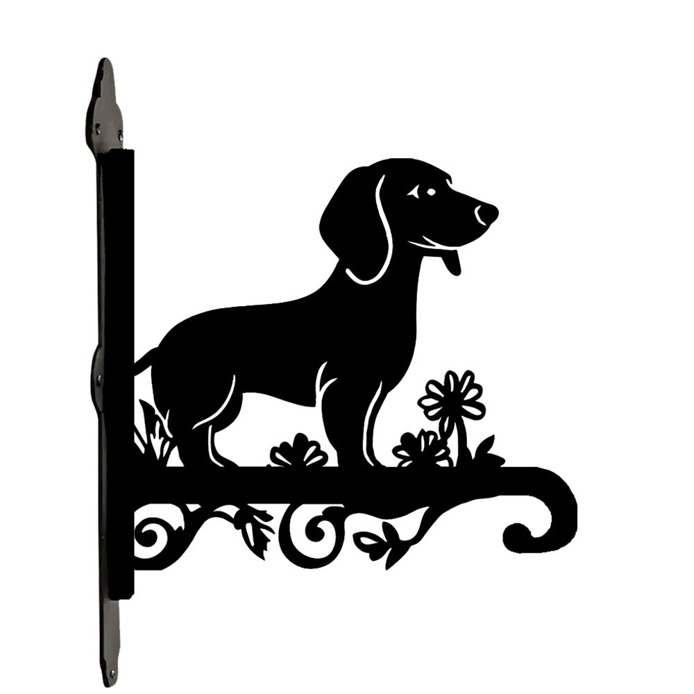 Dachshund metal hanging basket bracket mounted on outdoor wall for plant decoration