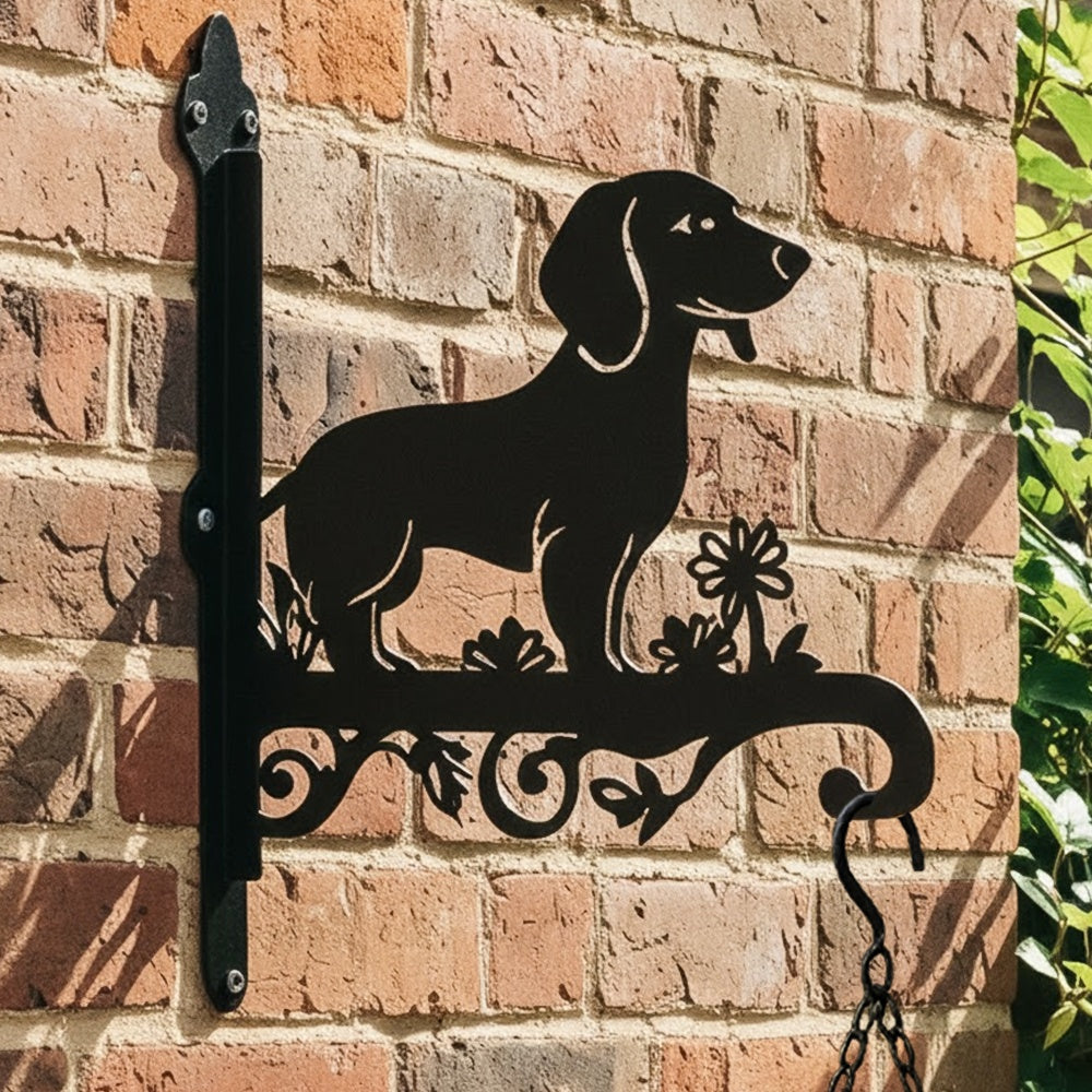 Dachshund metal hanging basket bracket mounted on outdoor wall for plant decoration