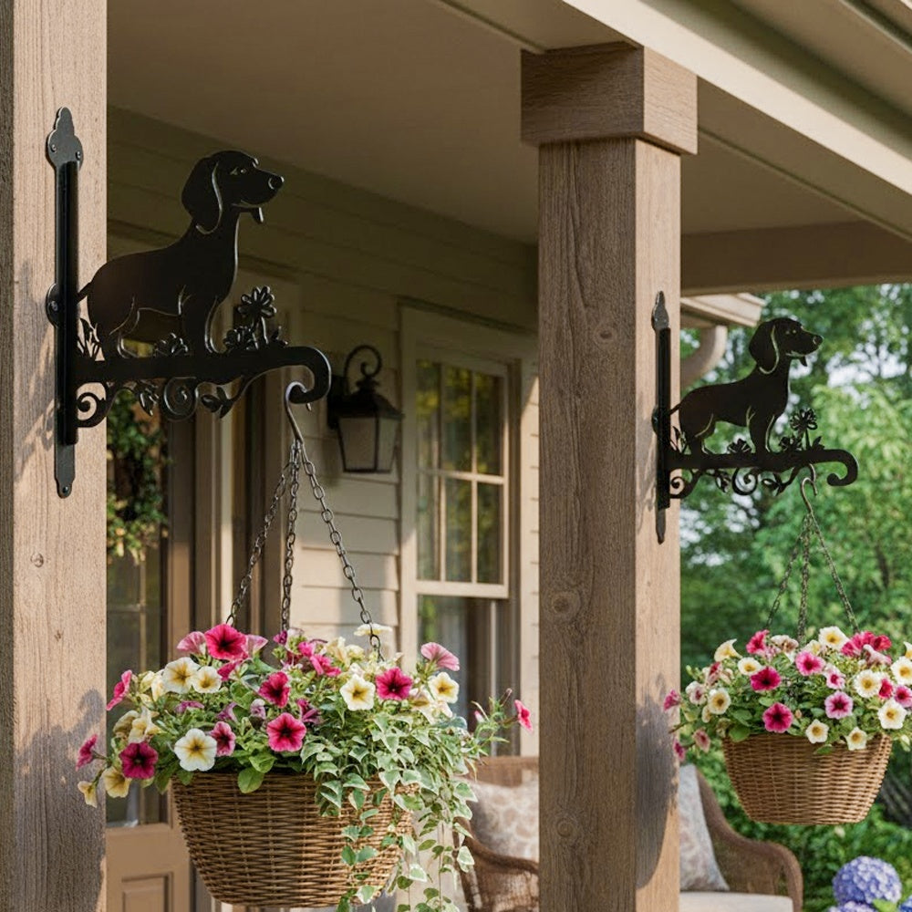 Dachshund metal hanging basket bracket mounted on outdoor wall for plant decoration