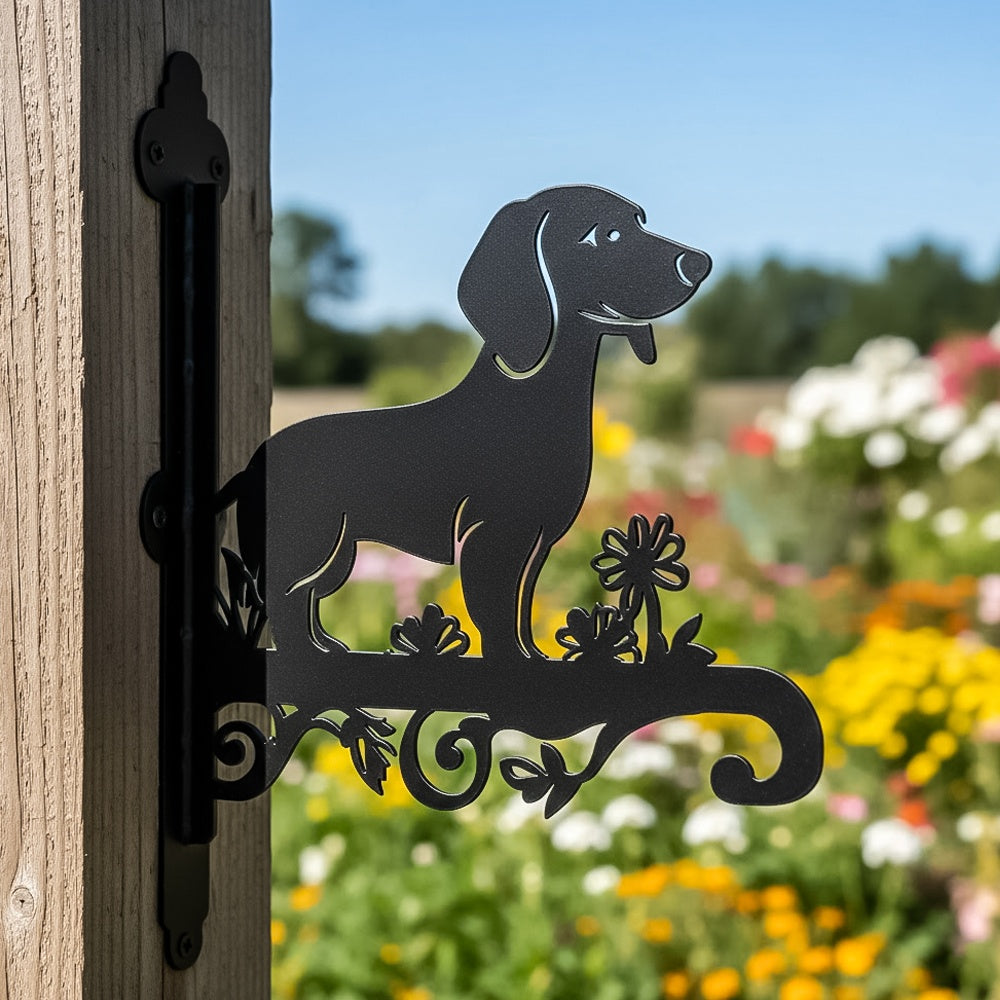 Dachshund metal hanging basket bracket mounted on outdoor wall for plant decoration
