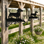Dachshund metal hanging basket bracket mounted on outdoor wall for plant decoration