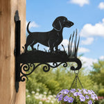 Dachshund metal hanging basket bracket mounted on outdoor wall for plant decoration