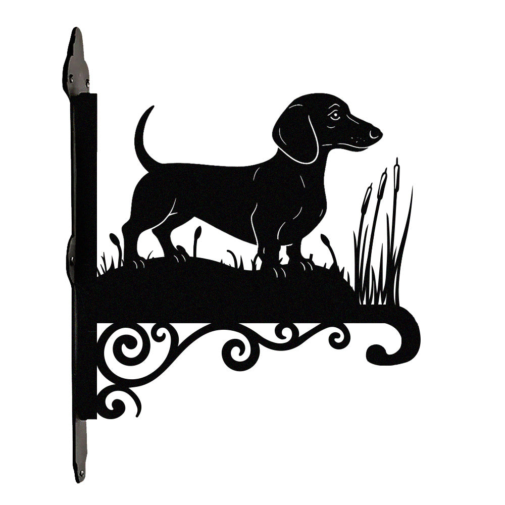 Dachshund metal hanging basket bracket mounted on outdoor wall for plant decoration