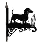 Dachshund metal hanging basket bracket mounted on outdoor wall for plant decoration