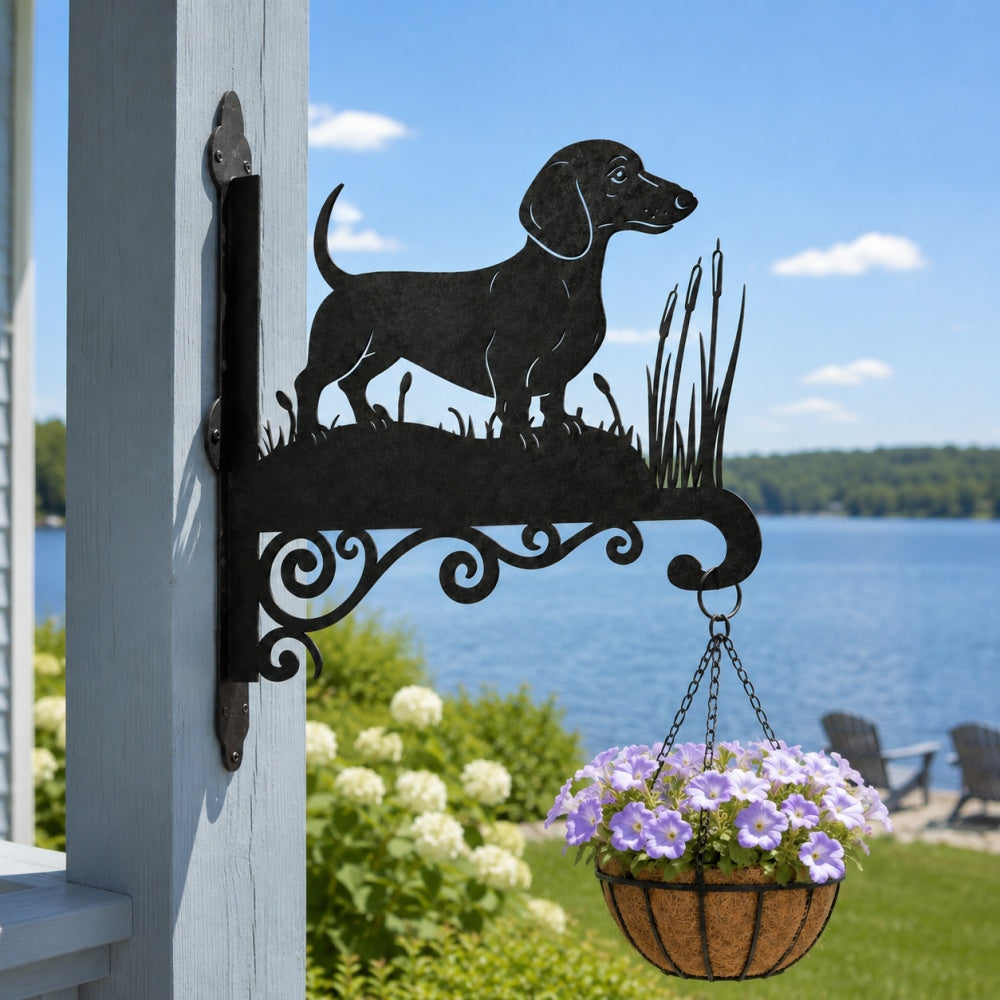 Dachshund metal hanging basket bracket mounted on outdoor wall for plant decoration