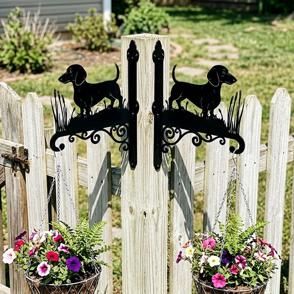 Dachshund metal hanging basket bracket mounted on outdoor wall for plant decoration