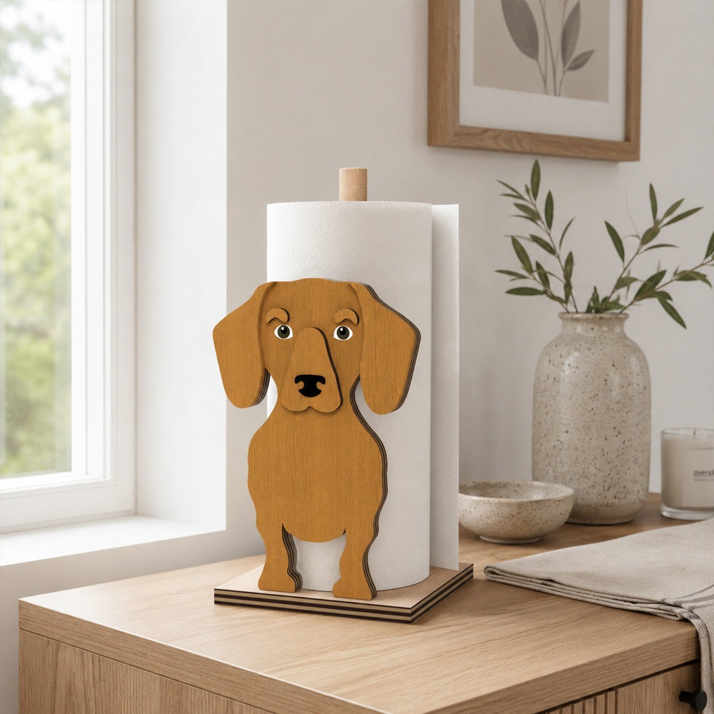 Dachshund Wooden Dog Paper Towel Holder displayed on a kitchen countertop with a freestanding paper towel roll