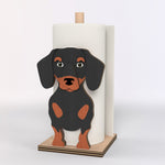 Dachshund Wooden Dog Paper Towel Holder displayed on a kitchen countertop with a freestanding paper towel roll