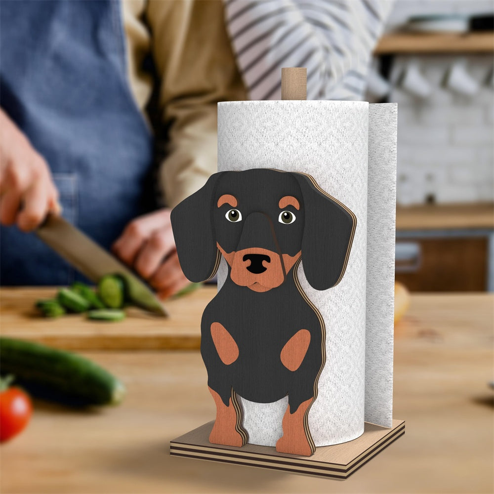Dachshund Wooden Dog Paper Towel Holder displayed on a kitchen countertop with a freestanding paper towel roll
