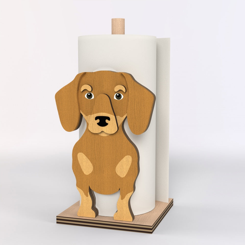 Dachshund Wooden Dog Paper Towel Holder displayed on a kitchen countertop with a freestanding paper towel roll