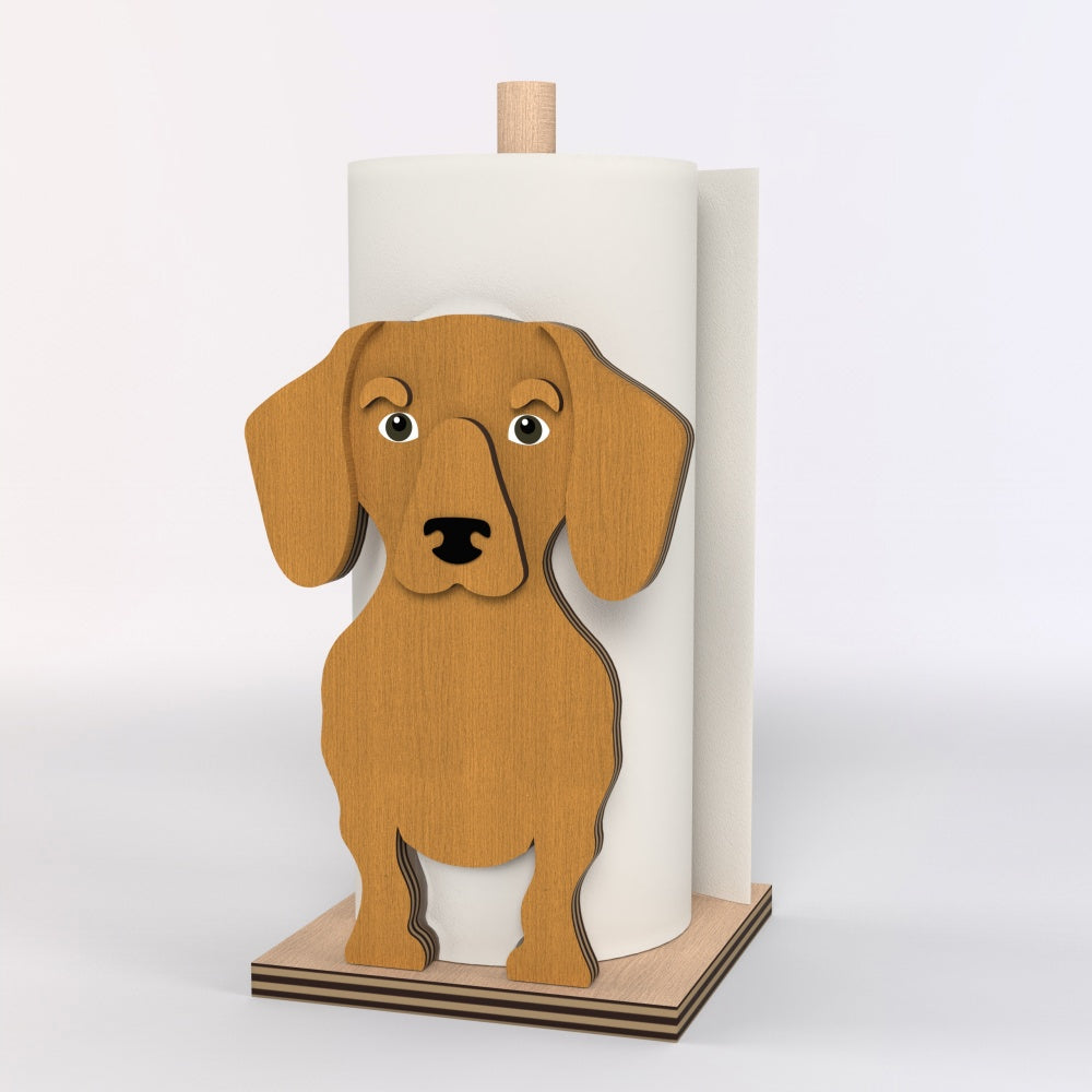 Dachshund Wooden Dog Paper Towel Holder displayed on a kitchen countertop with a freestanding paper towel roll