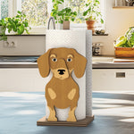 Dachshund Wooden Dog Paper Towel Holder displayed on a kitchen countertop with a freestanding paper towel roll